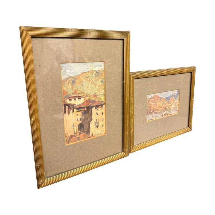 Coppia di acquerelli/olio su carta, firmati Simi sul retro, fine '800, 32x24 e 23x39 cm. Raffigurant