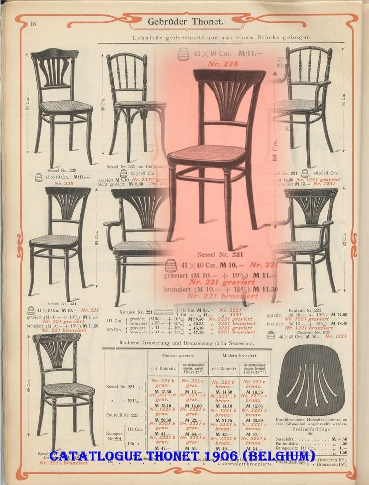 2 sedie Thonet n. 221 con intarsi in bronzo, circa 1910