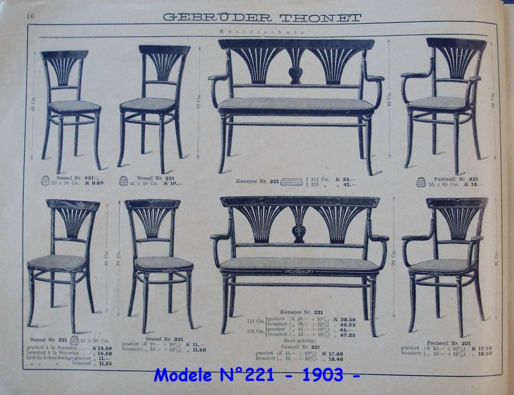 2 sedie Thonet n. 221 con intarsi in bronzo, circa 1910