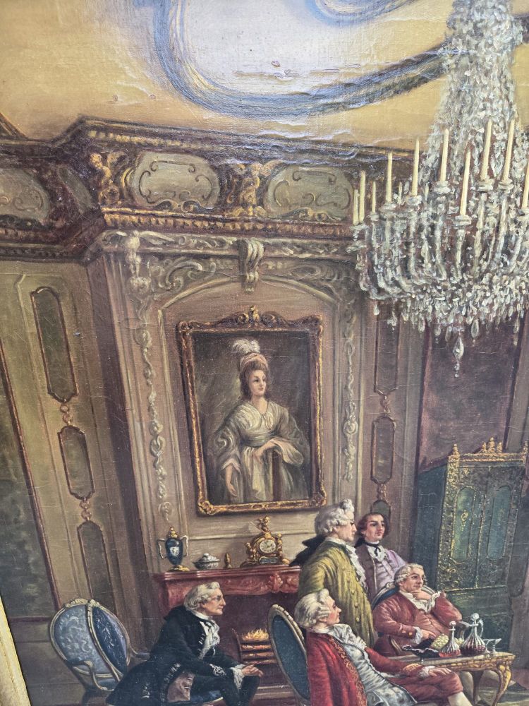 Scena da salotto del XVIII secolo – Importante olio su tela.