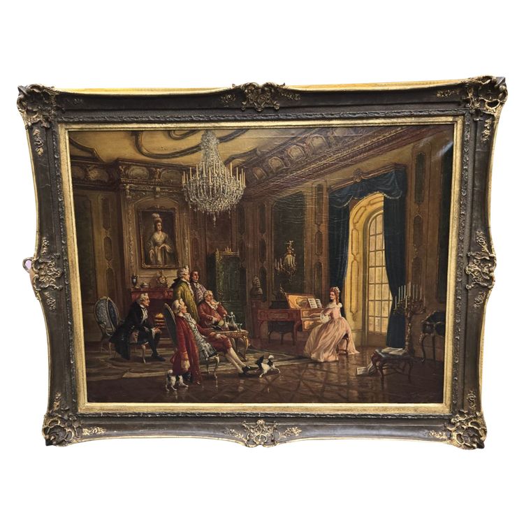 Scena da salotto del XVIII secolo – Importante olio su tela.