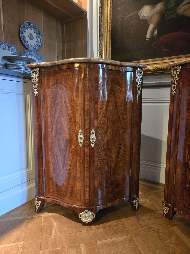Pair of Regency corner cabinets with support height in violet wood.