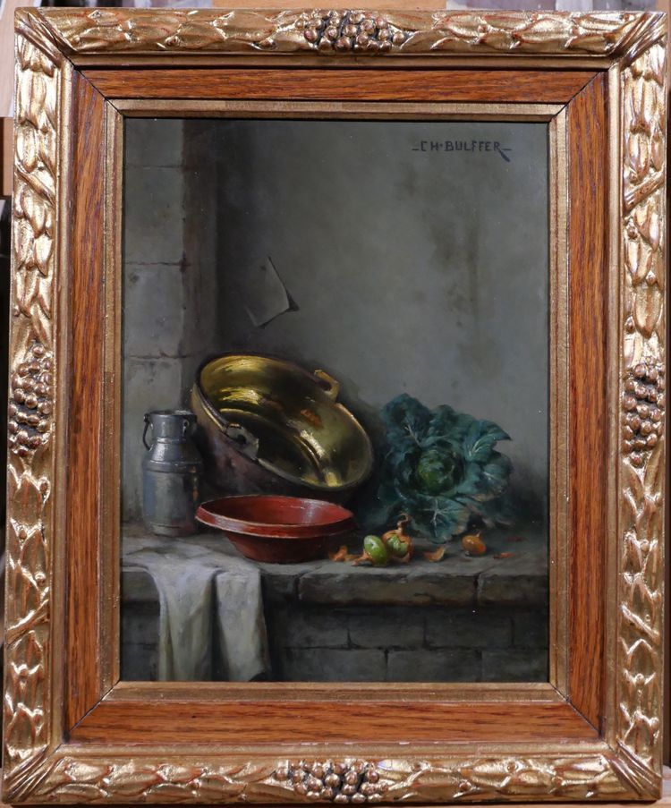 Charles BULFFER 1858-1934 Natura morta con verdure, dipinto, circa 1900, Alsazia Benner Henner