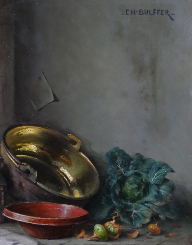 Charles BULFFER 1858-1934 Natura morta con verdure, dipinto, circa 1900, Alsazia Benner Henner
