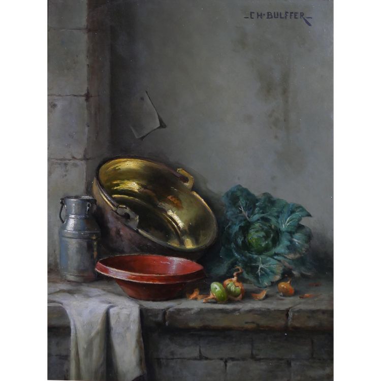 Charles BULFFER 1858-1934 Natura morta con verdure, dipinto, circa 1900, Alsazia Benner Henner