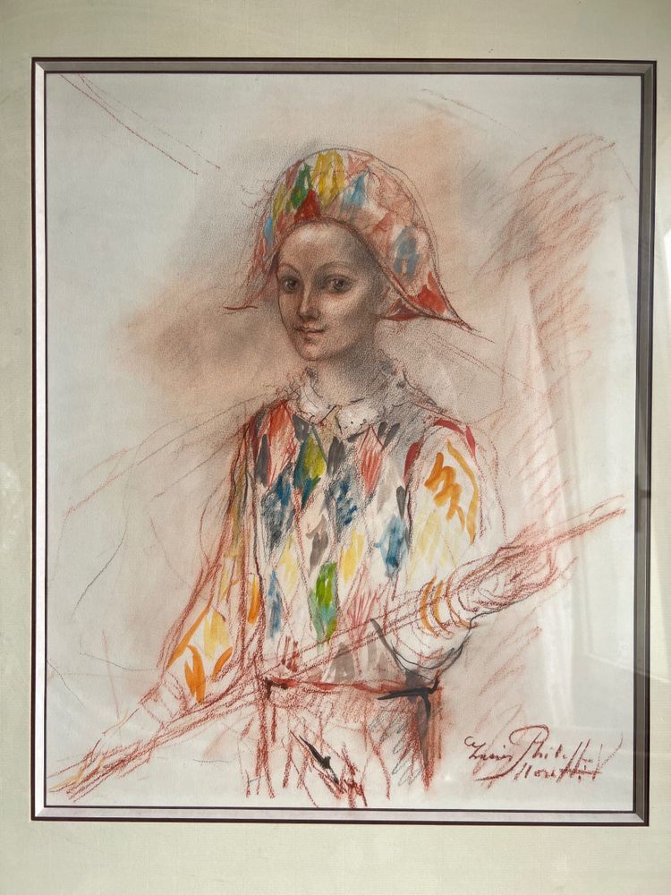 Lucien Philippe Moretti (1922–2000) – Giovane Arlecchino – Pastello originale firmato – 53 x 60 cm con cornice