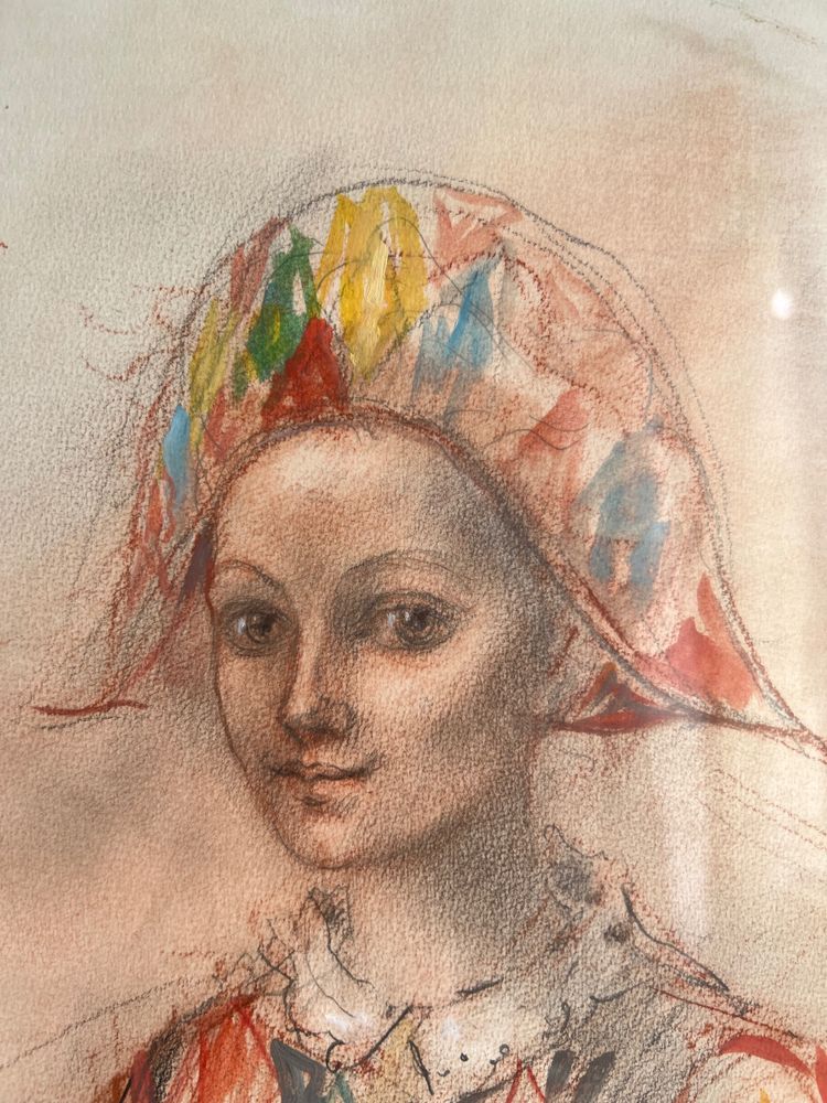 Lucien Philippe Moretti (1922–2000) – Giovane Arlecchino – Pastello originale firmato – 53 x 60 cm con cornice