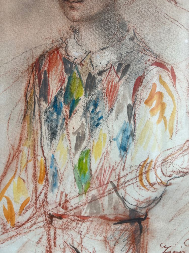 Lucien Philippe Moretti (1922–2000) – Giovane Arlecchino – Pastello originale firmato – 53 x 60 cm con cornice