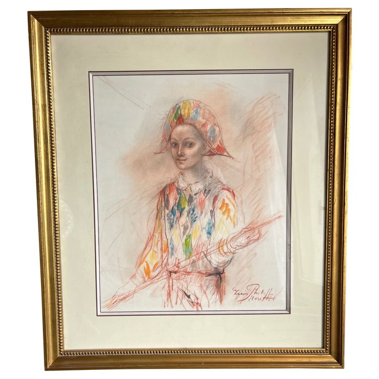 Lucien Philippe Moretti (1922–2000) – Giovane Arlecchino – Pastello originale firmato – 53 x 60 cm con cornice