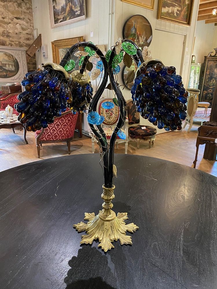 Table lamp with four light arms, globes in the shape of bunches of grapes. Murano 20th century