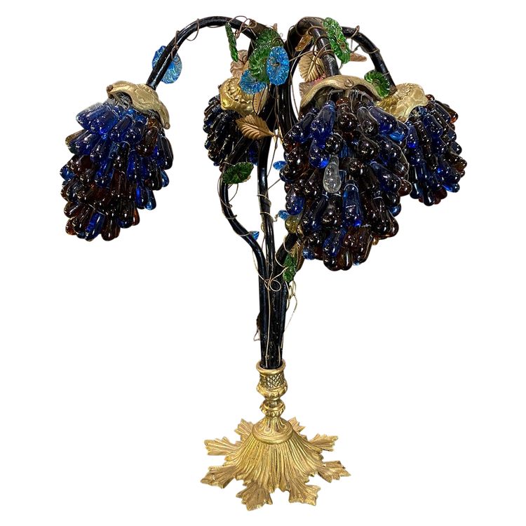 Table lamp with four light arms, globes in the shape of bunches of grapes. Murano 20th century
