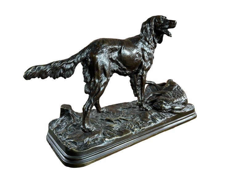 Grande animale in bronzo firmato Alfred Dubucand – Cane da caccia e lepre – XIX secolo