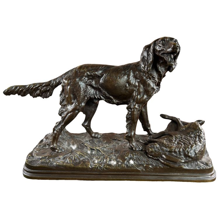 Grande animale in bronzo firmato Alfred Dubucand – Cane da caccia e lepre – XIX secolo