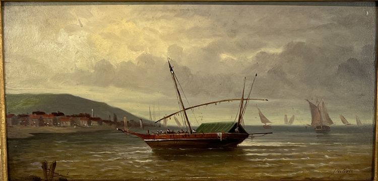 DIPINTO / OLIO SU PANNELLO DI LEGNO FIRMATO "DUBOIS" (RITORNO AL PORTO) CON CORNICE