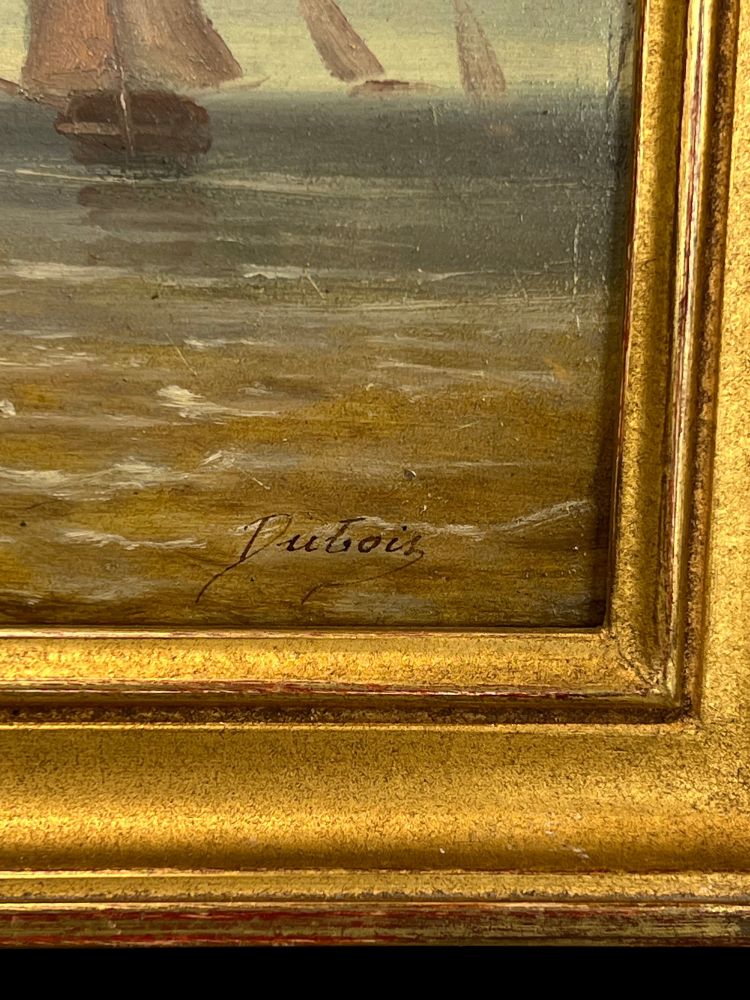 DIPINTO / OLIO SU PANNELLO DI LEGNO FIRMATO "DUBOIS" (RITORNO AL PORTO) CON CORNICE