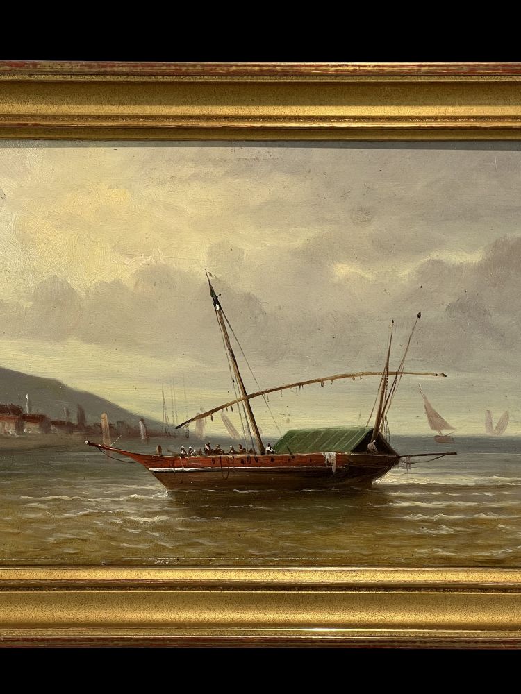 DIPINTO / OLIO SU PANNELLO DI LEGNO FIRMATO "DUBOIS" (RITORNO AL PORTO) CON CORNICE