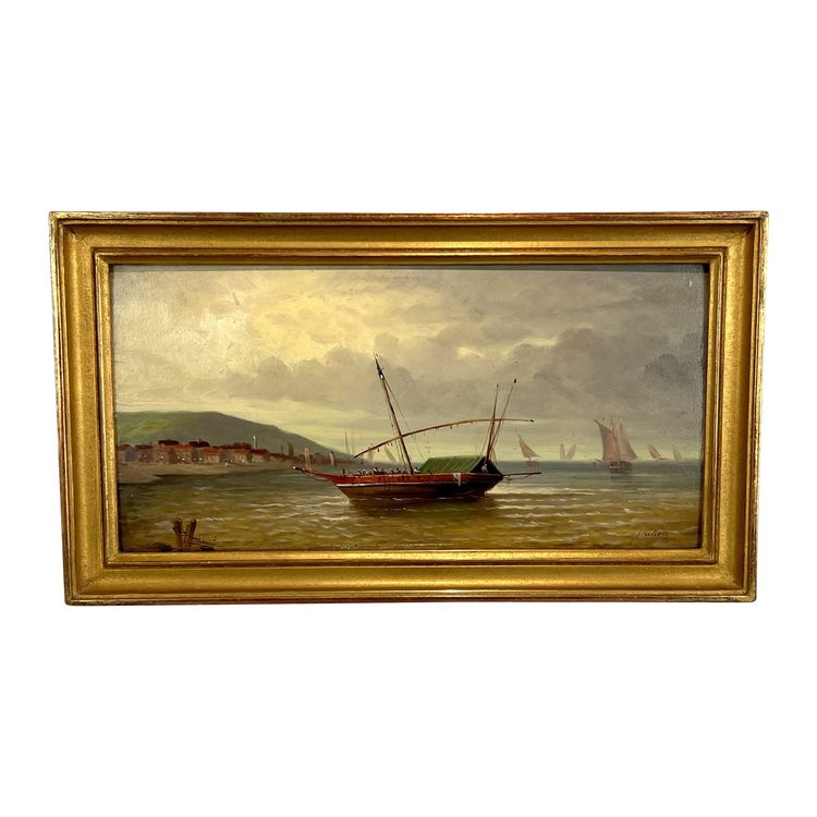 DIPINTO / OLIO SU PANNELLO DI LEGNO FIRMATO "DUBOIS" (RITORNO AL PORTO) CON CORNICE