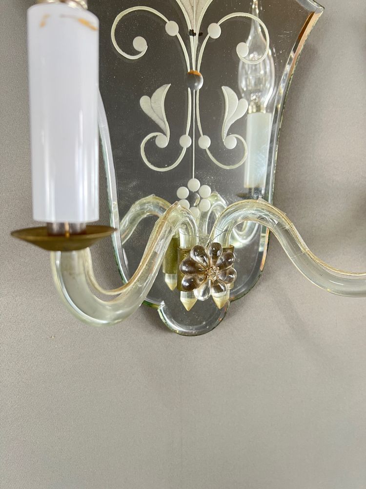 Coppia di applique in vetro di Murano e specchio, XX secolo