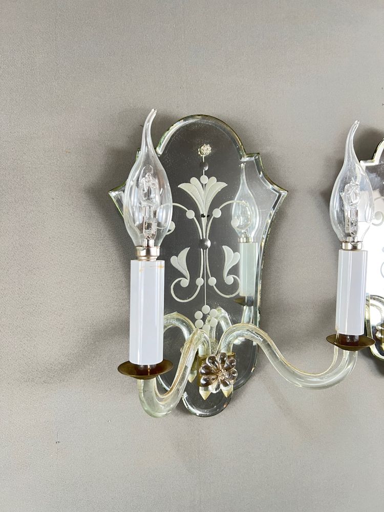 Coppia di applique in vetro di Murano e specchio, XX secolo