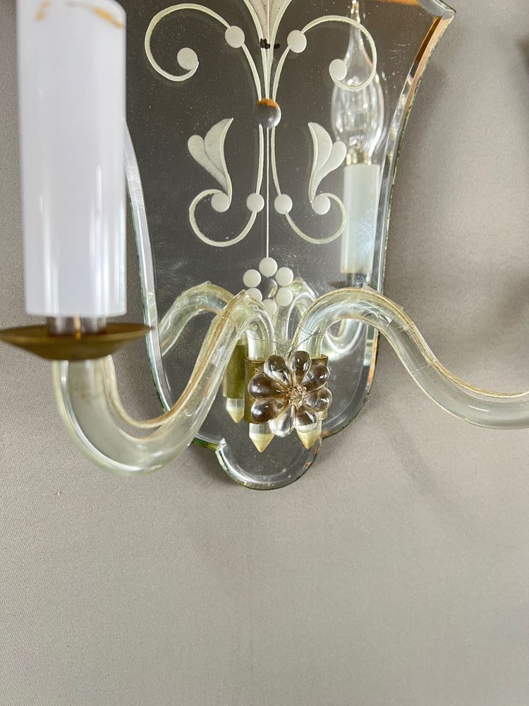 Coppia di applique in vetro di Murano e specchio, XX secolo