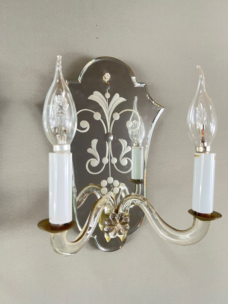Coppia di applique in vetro di Murano e specchio, XX secolo