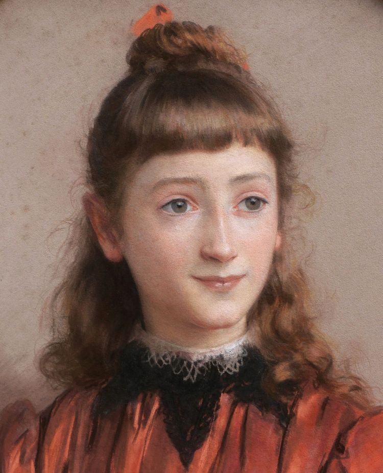 Jules GIRARDET, Ritratto di una giovane ragazza con gli occhi verdi, in un abito rosso