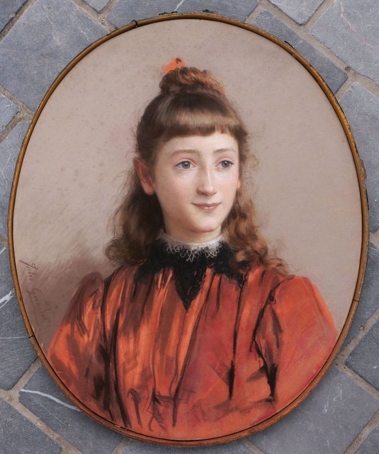 Jules GIRARDET, Ritratto di una giovane ragazza con gli occhi verdi, in un abito rosso