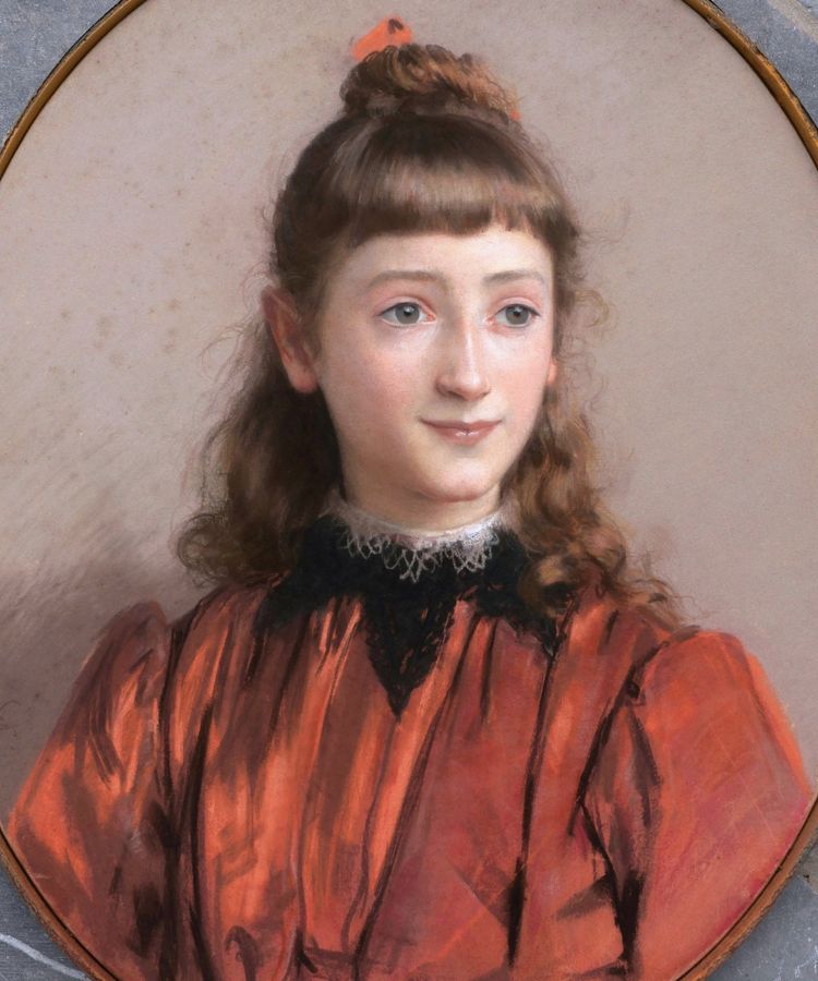 Jules GIRARDET, Ritratto di una giovane ragazza con gli occhi verdi, in un abito rosso