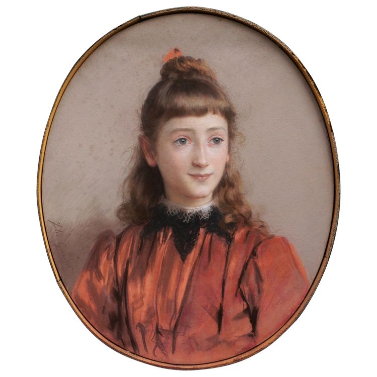 Jules GIRARDET, Ritratto di una giovane ragazza con gli occhi verdi, in un abito rosso
