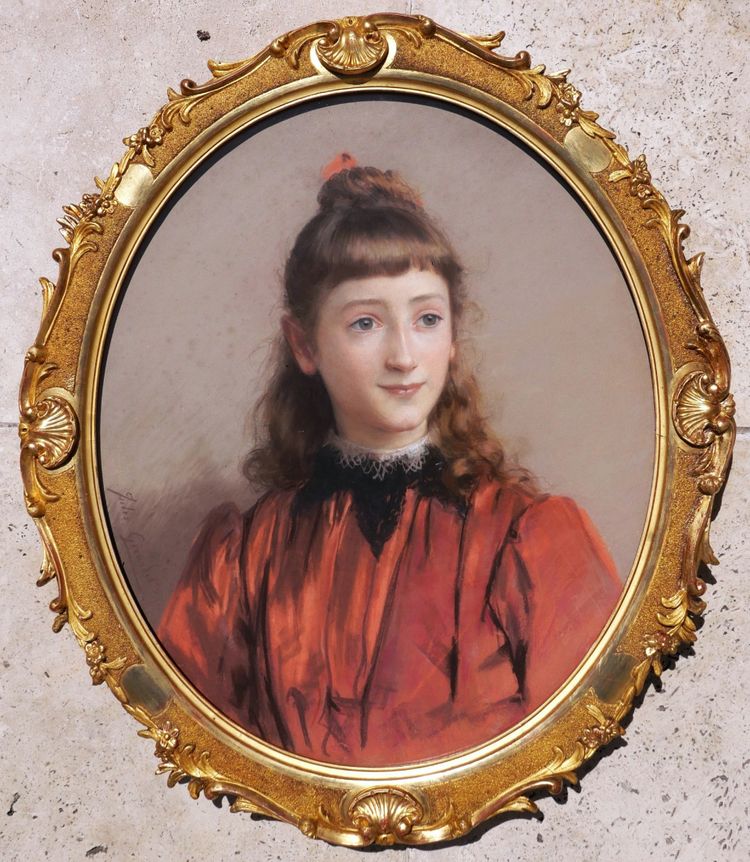 Jules GIRARDET, Ritratto di una giovane ragazza con gli occhi verdi, in un abito rosso