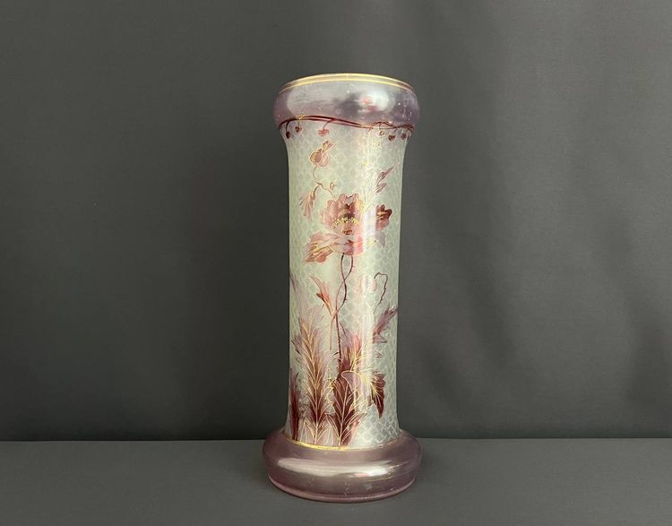 Large Art Nouveau Style Enameled Glass Vase