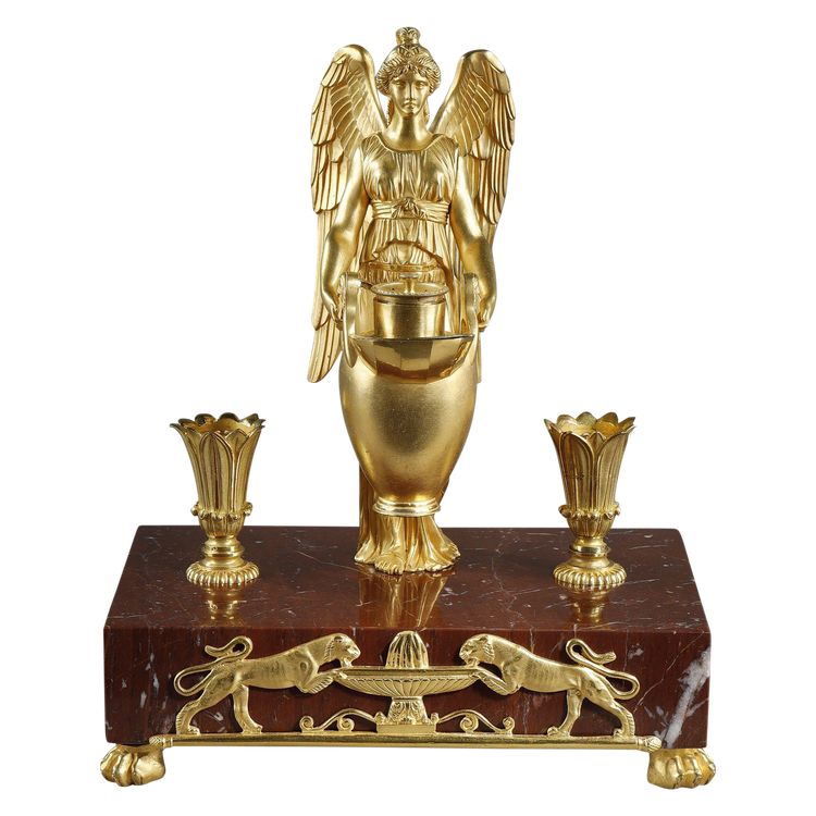 Calamaio in bronzo dorato e marmo rosso griotte, periodo Impero, inizi del XIX secolo