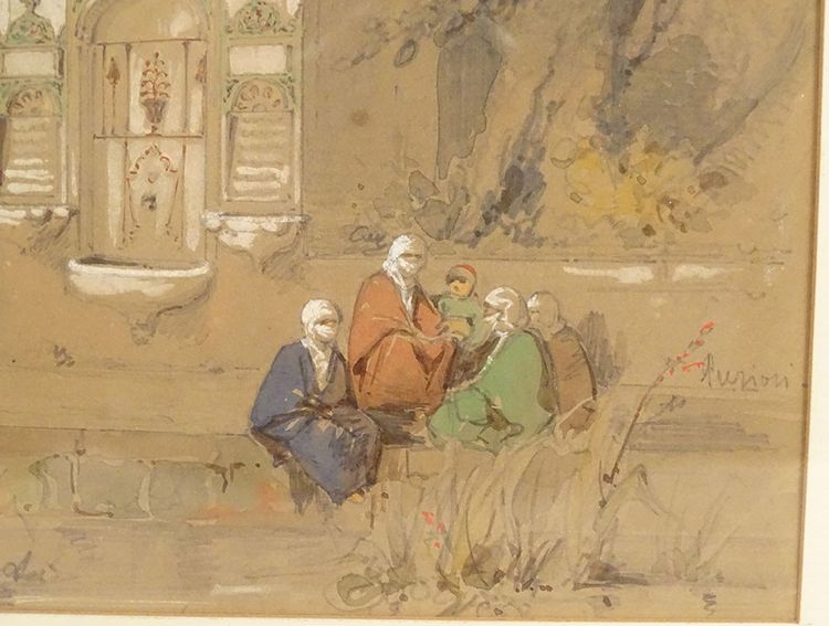 Orientalist Drawing Amedeo Preziosi Ottoman Characters Fountain 19th Century