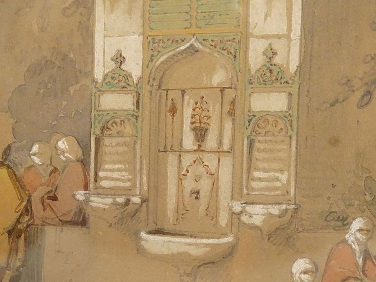 Orientalist Drawing Amedeo Preziosi Ottoman Characters Fountain 19th Century