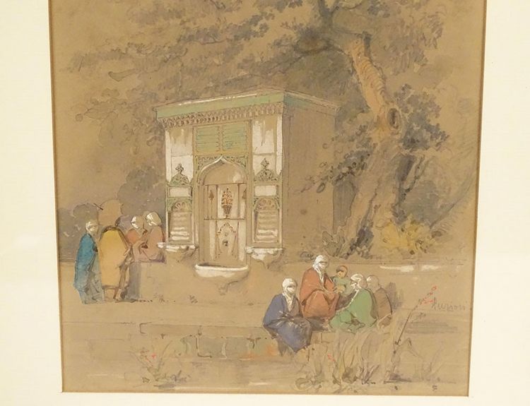 Orientalist Drawing Amedeo Preziosi Ottoman Characters Fountain 19th Century