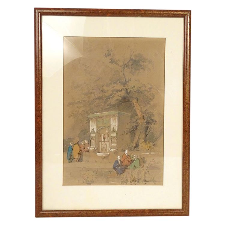 Orientalist Drawing Amedeo Preziosi Ottoman Characters Fountain 19th Century