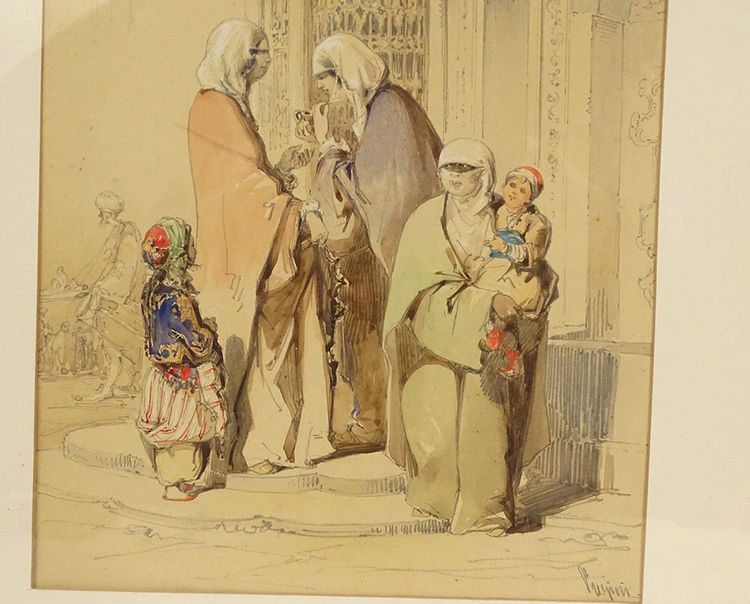 Dessin Orientaliste Amedeo Preziosi Femmes Ottomanes Enfants Istanbul XIXè