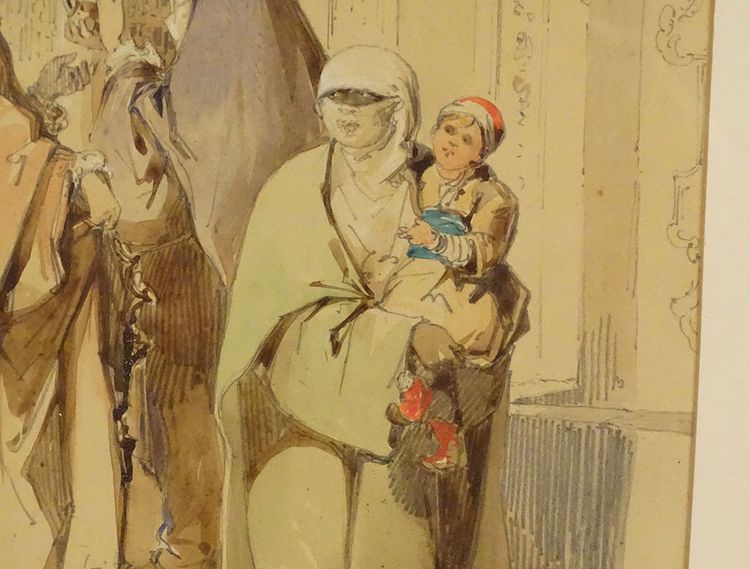 Dessin Orientaliste Amedeo Preziosi Femmes Ottomanes Enfants Istanbul XIXè