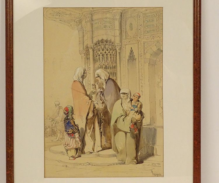 Dessin Orientaliste Amedeo Preziosi Femmes Ottomanes Enfants Istanbul XIXè