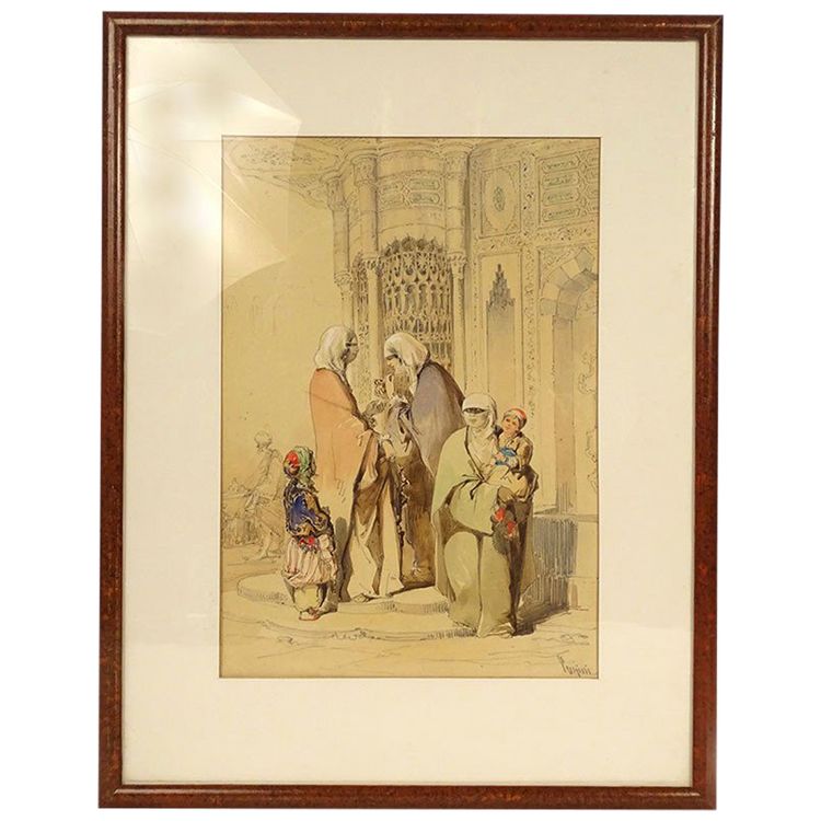 Dessin Orientaliste Amedeo Preziosi Femmes Ottomanes Enfants Istanbul XIXè