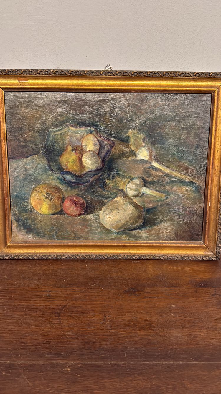 Antico dipinto ad olio, Manfredini, 1944, Trieste, natura morta, 47x38 cm