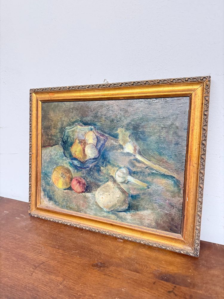 Antico dipinto ad olio, Manfredini, 1944, Trieste, natura morta, 47x38 cm