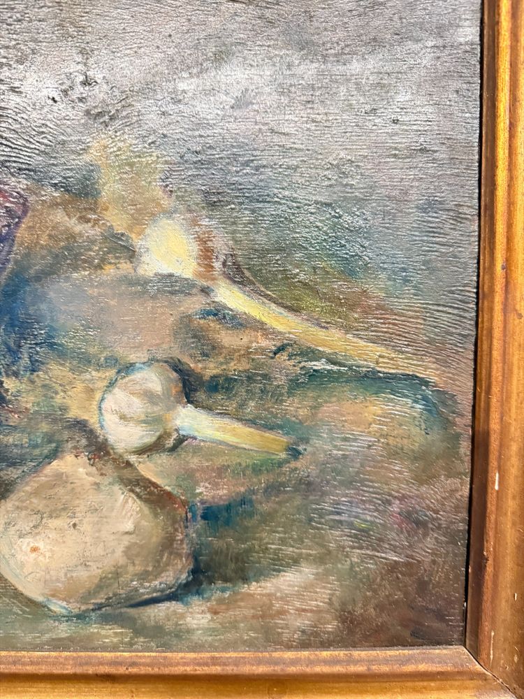 Antico dipinto ad olio, Manfredini, 1944, Trieste, natura morta, 47x38 cm