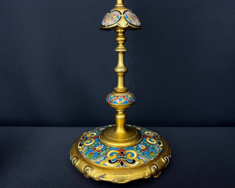 Pair of gilt bronze and champlevé enamel candlesticks – Ferdinand Barbedienne