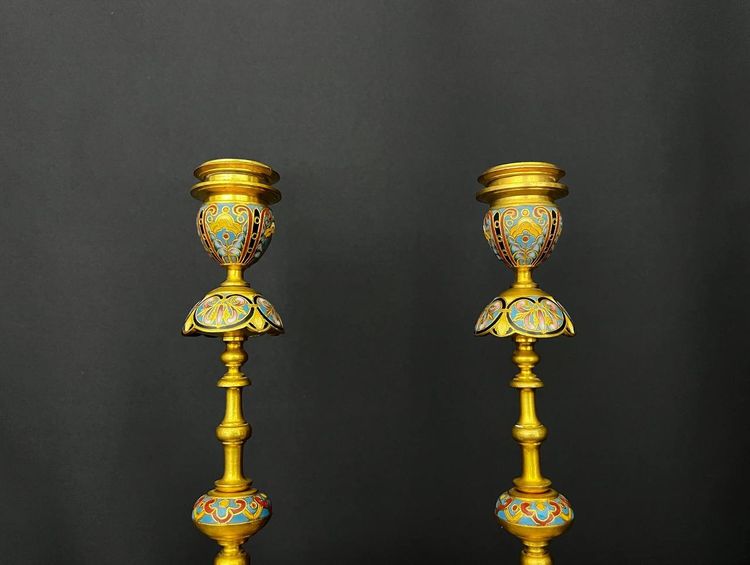 Pair of gilt bronze and champlevé enamel candlesticks – Ferdinand Barbedienne