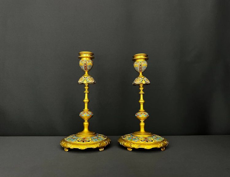Pair of gilt bronze and champlevé enamel candlesticks – Ferdinand Barbedienne