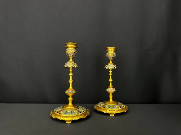 Pair of gilt bronze and champlevé enamel candlesticks – Ferdinand Barbedienne