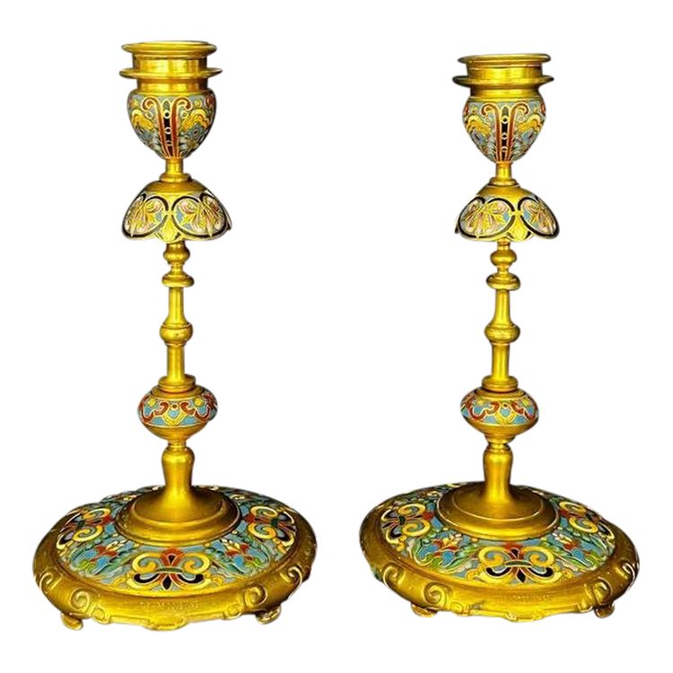 Pair of gilt bronze and champlevé enamel candlesticks – Ferdinand Barbedienne