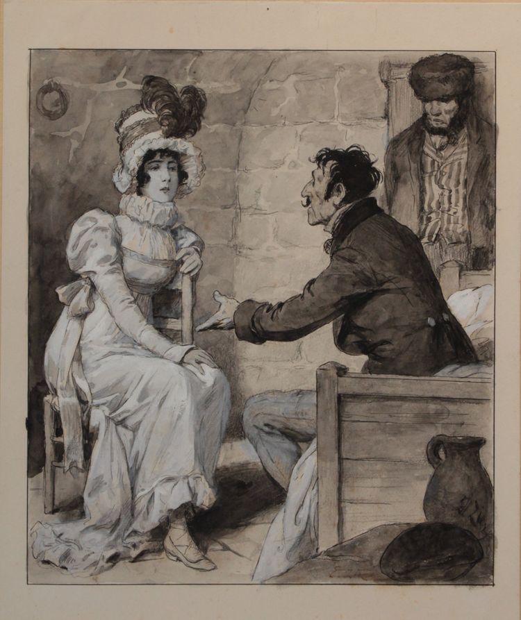 Ink and gouache drawing 'The Visit' Édouard François Zier (1856-1924)