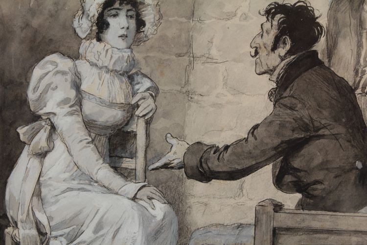 Ink and gouache drawing 'The Visit' Édouard François Zier (1856-1924)